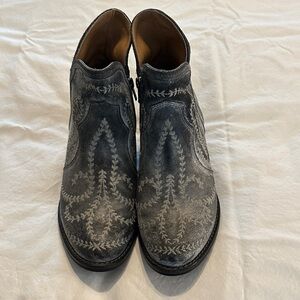 Embroidered Ankle Heeled Boots - Black Suede